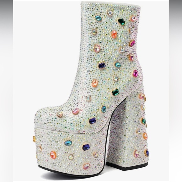 TsrenImIn Rhinestone Platform Boots Round Toe Gems Sparkly Chunky Heel Size 10 - Picture 1 of 13